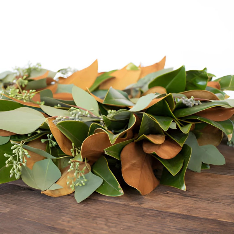 Magnolia and Seeded Eucalyptus Wreath Greenery Up Close