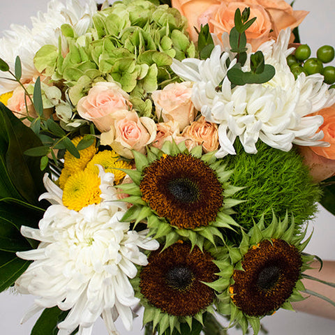 Morning Joy Green Orange Flower Bouquet Up Close