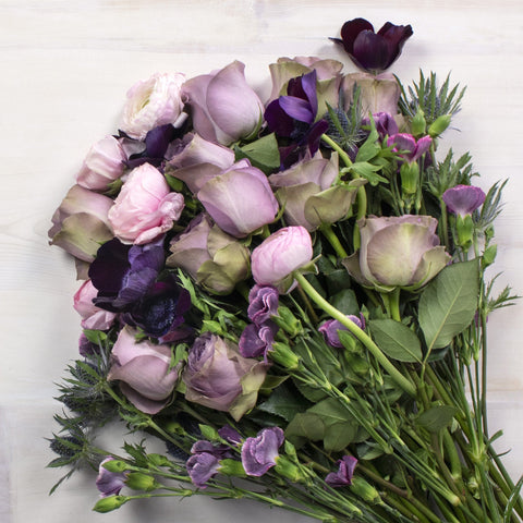 Stylish Purple Wholesale Flower Bouquet FlatLay