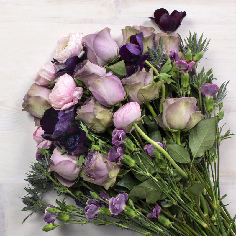 Stylish Purple Wholesale Flower Bouquet FlatLay